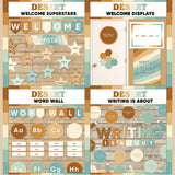 Terracotta and sage printable welcome superstars board, welcome to our class door display, word wall cards and writing is about subject poster