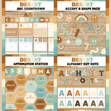 Terracotta and sage printable ABC countdown to summer, décor accent and shape pieces, affirmation station bulletin board and alphabet letter cut outs