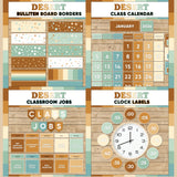 Terracotta and sage printable bulletin board borders, interactive class calendar, classroom jobs chart and analogue clock labels