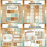 Terracotta and sage printable computer shortcut posters, CUBES maths strategy display, days in school counter and division table charts