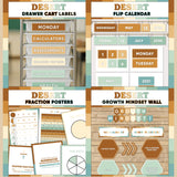 Terracotta and sage printable drawer cart labels, flip calendar, fraction posters and growth mindset bulletin board display