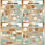 Terracotta and sage printable subject posters for health, history and maths with it's okay to classroom bulletin board