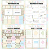 Soft pastel printable reward and incentive board, reward coupons, science is about subject poster and classroom shape posters
