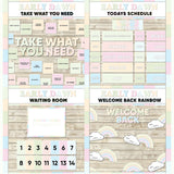 Soft pastel printable take what you need board, daily schedule cards, waiting room display and welcome back rainbow bulletin board