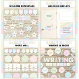 Soft pastel printable welcome superstars board, welcome to our class door display, word wall cards and writing is about subject poster
