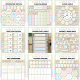 Soft pastel preschool classroom display bundle - printable affirmation station, calendar, clock labels, fractions, drawer labels, accents, alphabet posters and birthday display