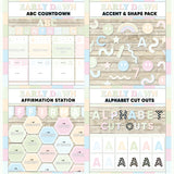 Soft pastel printable ABC countdown to summer, décor accent and shape pieces, affirmation station bulletin board and alphabet letter cut outs