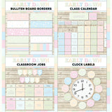 Soft pastel printable bulletin board borders, interactive class calendar, classroom jobs chart and analogue clock labels