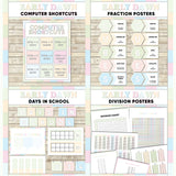 Soft pastel printable computer shortcut posters, CUBES maths strategy display, days in school counter and division table charts