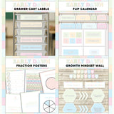 Soft pastel printable drawer cart labels, flip calendar, fraction posters and growth mindset bulletin board display