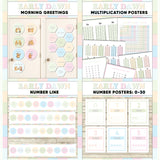 Soft pastel printable morning greeting door choices, multiplication chart and posters, classroom number line and number posters 0 to 30