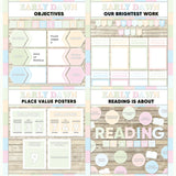Soft pastel printable objectives bulletin board, our brightest work display, place value posters and reading is about subject poster