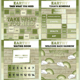 Sage green printable take what you need board, daily schedule cards, waiting room display and welcome back rainbow bulletin board