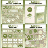 Sage green printable welcome superstars board, welcome to our class door display, word wall cards and writing is about subject poster