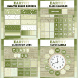 Sage green printable bulletin board borders, interactive class calendar, classroom jobs chart and analogue clock labels