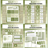 Sage green printable computer shortcut posters, CUBES maths strategy display, days in school counter and division table charts