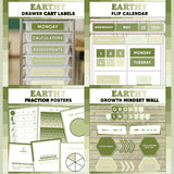 Sage green printable drawer cart labels, flip calendar, fraction posters and growth mindset bulletin board display