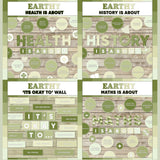 Sage green printable subject posters for health, history and maths with it's okay to classroom bulletin board