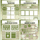 Sage green printable objectives bulletin board, our brightest work display, place value posters and reading is about subject poster