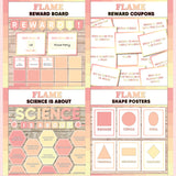 Coral and peach printable reward and incentive board, reward coupons, science is about subject poster and classroom shape posters