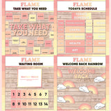 Coral and peach printable take what you need board, daily schedule cards, waiting room display and welcome back rainbow bulletin board