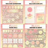Coral and peach printable welcome superstars board, welcome to our class door display, word wall cards and writing is about subject poster