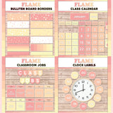 Coral and peach printable bulletin board borders, interactive class calendar, classroom jobs chart and analogue clock labels