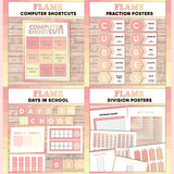 Coral and peach printable computer shortcut posters, CUBES maths strategy display, days in school counter and division table charts