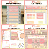 Coral and peach printable drawer cart labels, flip calendar, fraction posters and growth mindset bulletin board display