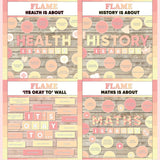 Coral and peach printable subject posters for health, history and maths with it's okay to classroom bulletin board