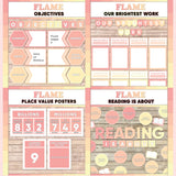 Coral and peach printable objectives bulletin board, our brightest work display, place value posters and reading is about subject poster
