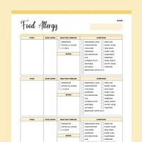Food Allergy Diary PDF - Yellow