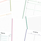Collection of planner sheets with different designs on a white background