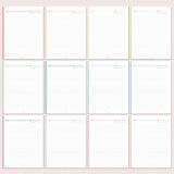Set of 12 lined paper sheets with colorful margins on a light pink background