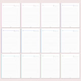 Set of twelve white planner pages with various layout designs on a light pink background