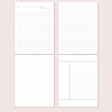 Four sheets of lined paper on a light pink background
