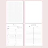 Four different planner pages with various layouts on a pink background