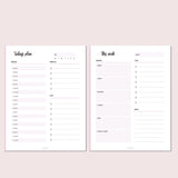 Two planner sheets showing 'Today's Plan' and 'This Week' on a light pink background.