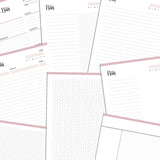 Collection of planner pages with different designs on a white background
