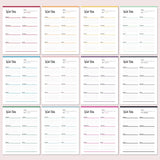 Set of 12 weekly planner pages with different color borders on a light pink background