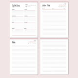Set of four planner pages for week notes, lecture notes, and general notes on a pink background.