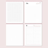 Four different types of planner pages on a pink background