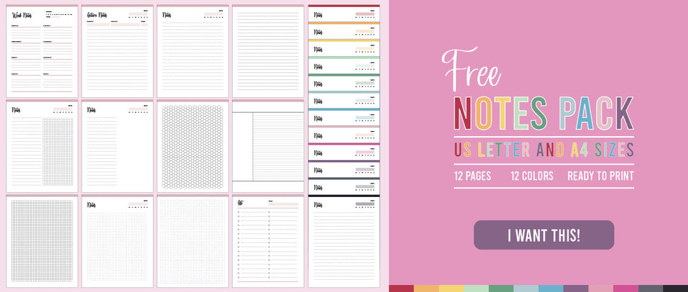 Free Printable Notes Pack - 12 Colors both A4 and US Letter size