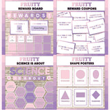 Violet and lilac printable reward and incentive board, reward coupons, science is about subject poster and classroom shape posters