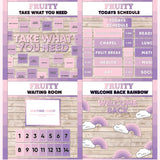 Violet and lilac printable take what you need board, daily schedule cards, waiting room display and welcome back rainbow bulletin board