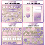 Violet and lilac printable welcome superstars board, welcome to our class door display, word wall cards and writing is about subject poster