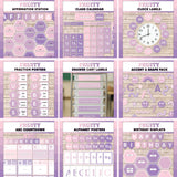 Violet and lilac bulletin board printables and borders - printable affirmation station, calendar, clock labels, fractions, drawer labels, accents, alphabet posters and birthday display