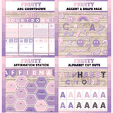 Violet and lilac printable ABC countdown to summer, décor accent and shape pieces, affirmation station bulletin board and alphabet letter cut outs