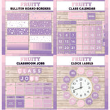 Violet and lilac printable bulletin board borders, interactive class calendar, classroom jobs chart and analogue clock labels