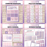 Violet and lilac printable computer shortcut posters, CUBES maths strategy display, days in school counter and division table charts